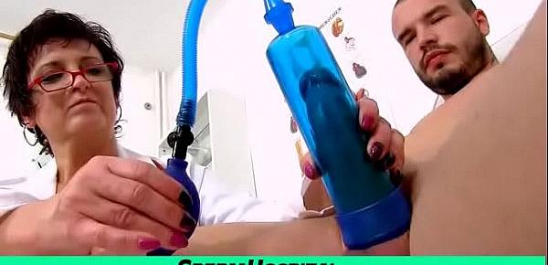  Busty doctor lady Greta extracting sperm